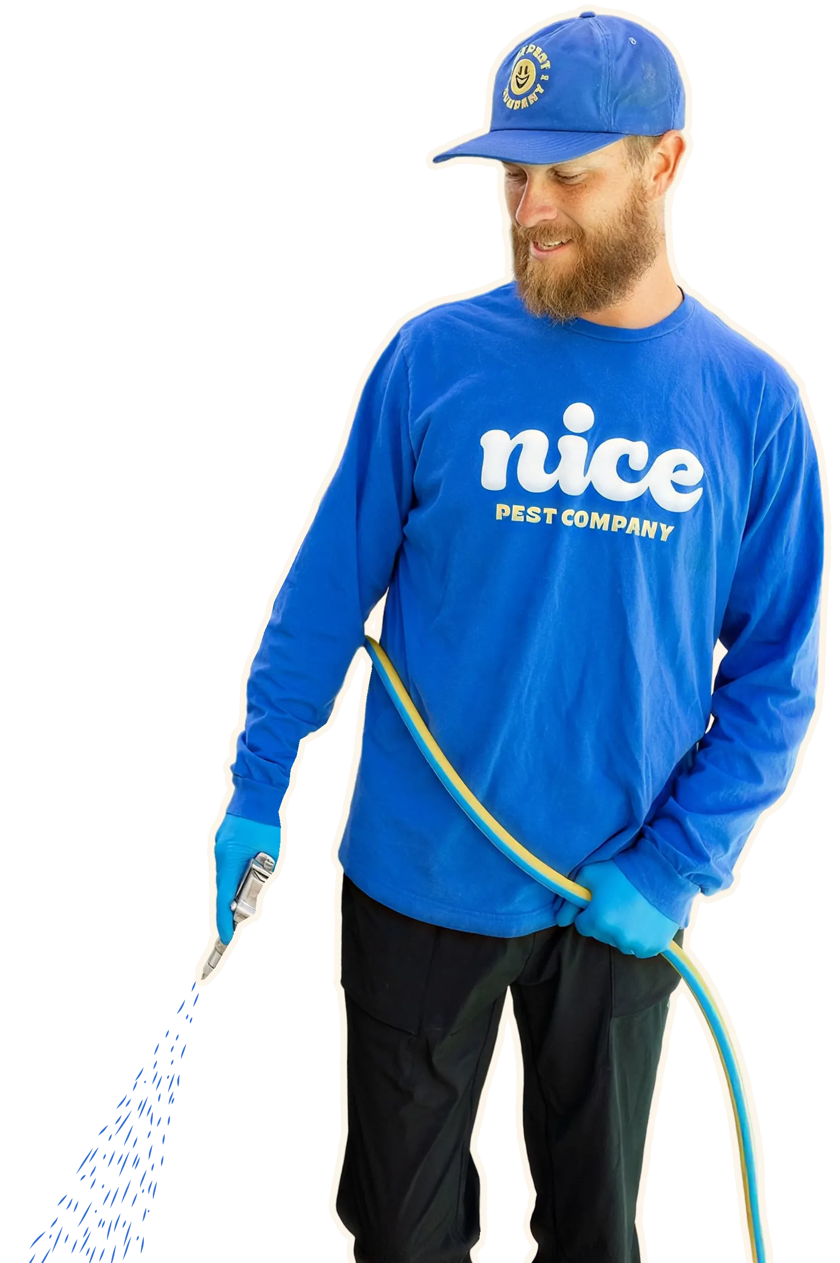 Nice Pest Company technician in a branded cap and long-sleeve tee, spraying from a hose sprayer